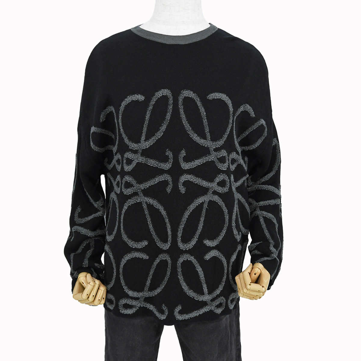 ロエベ LOEWE アナグラム ロゴ ジャガード クルーネック セーター ニット レーヨン リネン コットン ブラック サイズL H526Y14KAS 中古拍卖