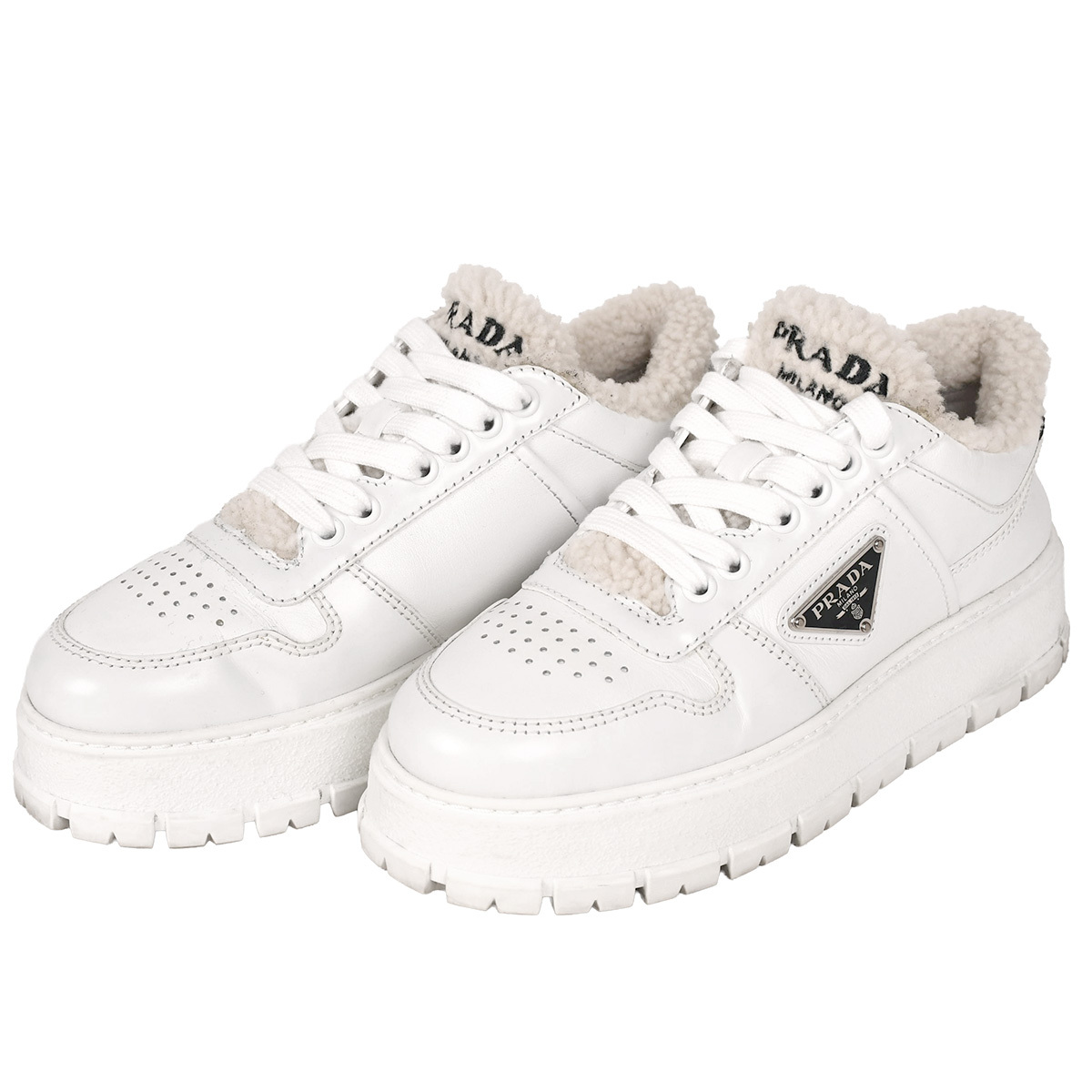 プラダ PRADA トライアングルロゴ レザー スニーカー シアリング シューズ 靴 レディース ホワイト 白 サイズ35 1E947M 中古拍卖