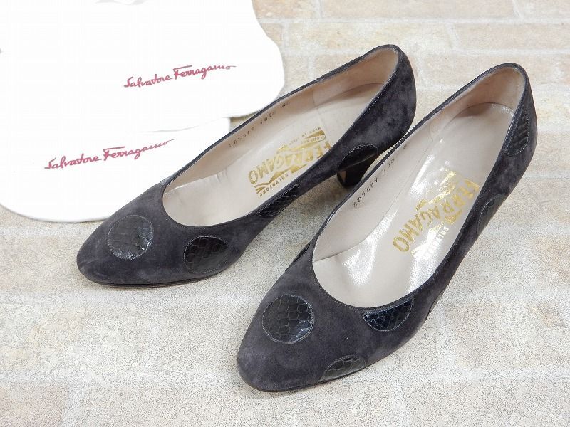 Salvatore Ferragamo/サルヴァトーレフェラガモ スエード/クロコ ヒールパンプス サイズ5 【5832y1】拍卖