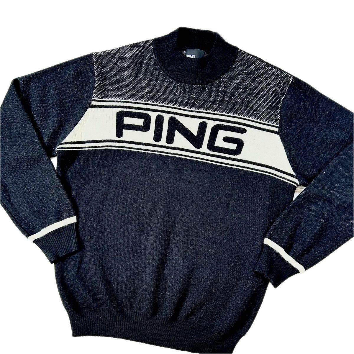 ★美品★PING Golf ピン / ロゴデザイン ダブルジャガード タートルニットセーター / サイズL拍卖