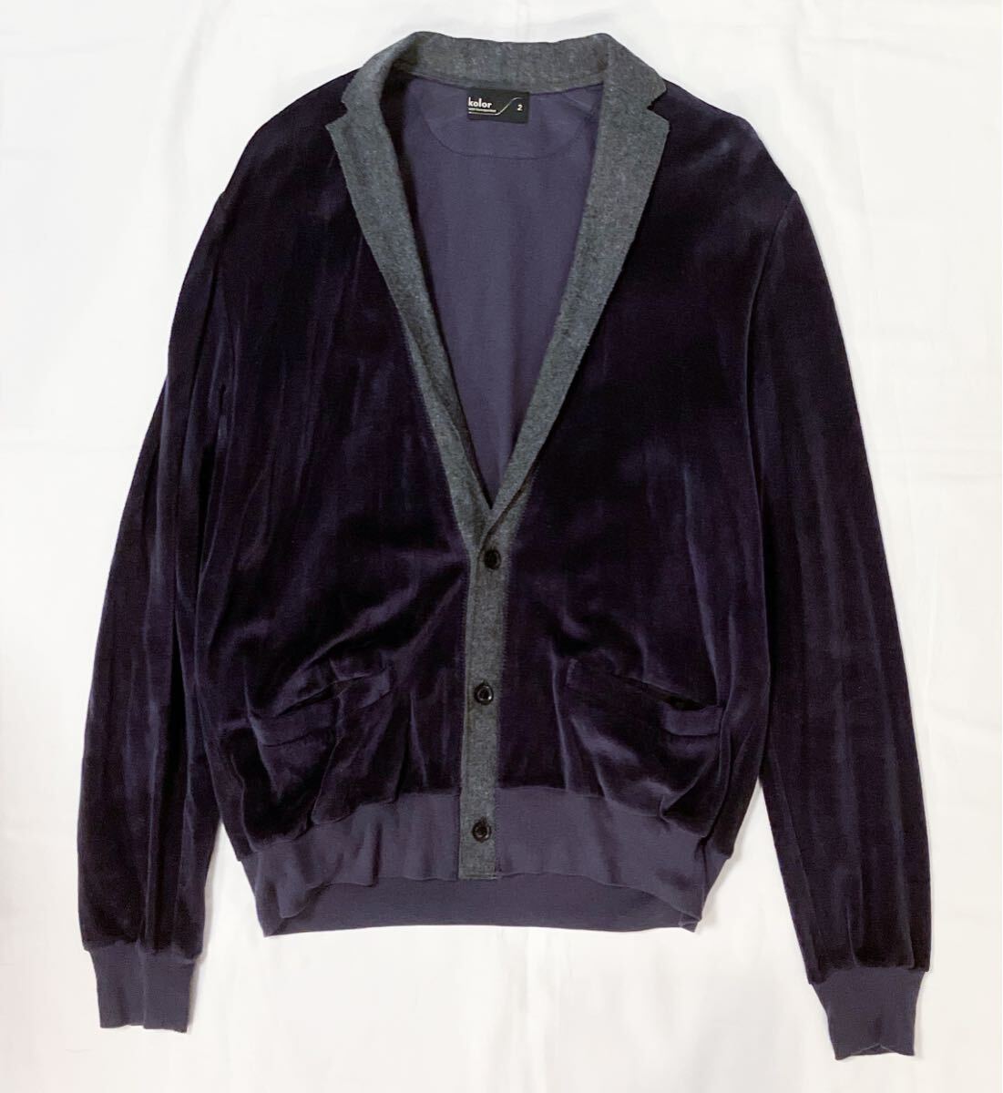 kolor 14AW ベロア×ウール切替 ショールカラー カーディガン サイズ2 ジャケット パープル×グレー拍卖
