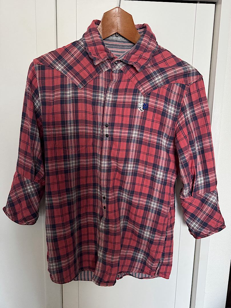 フランシストモークス★チェック 七分袖シャツ サイズ2★ダメージ加工拍卖