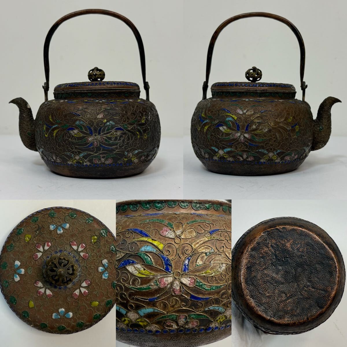 BY-中国古美術 時代物 湯沸 茶器 急須 七宝焼 蓮図 水注 煎茶道具 銅製 茶道具 唐物 中国古玩 骨董品拍卖
