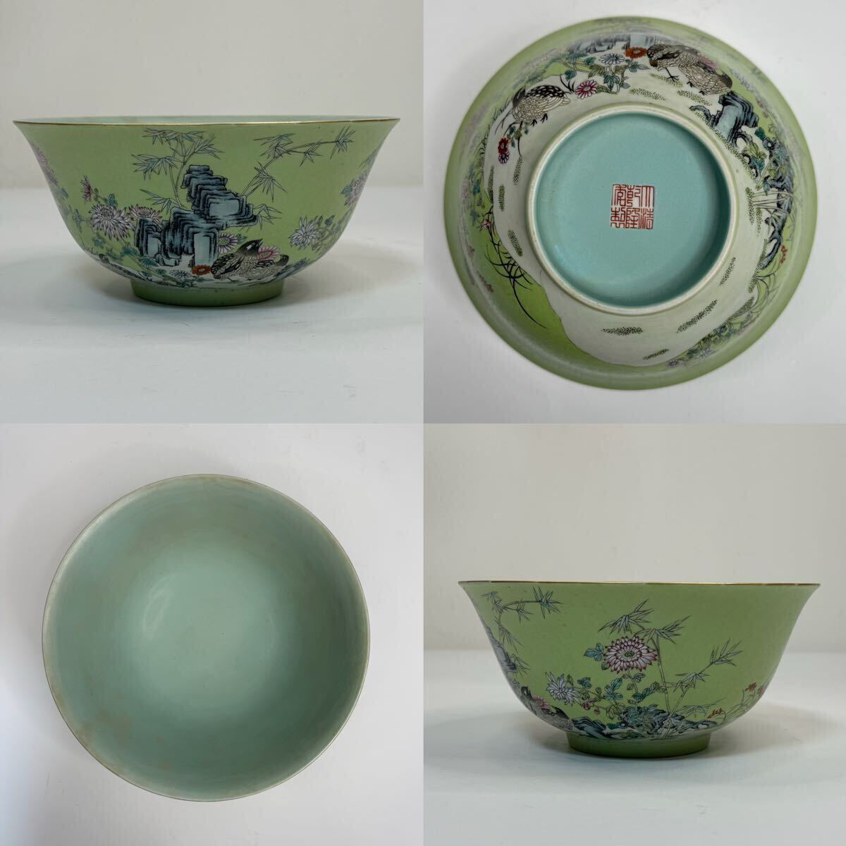 XMF-中国古美術 時代物 茶碗 大碗 粉彩 色絵 茶道具 花鳥図 在銘 大清乾隆年製 唐物 陶磁器 中国古玩 骨董品拍卖