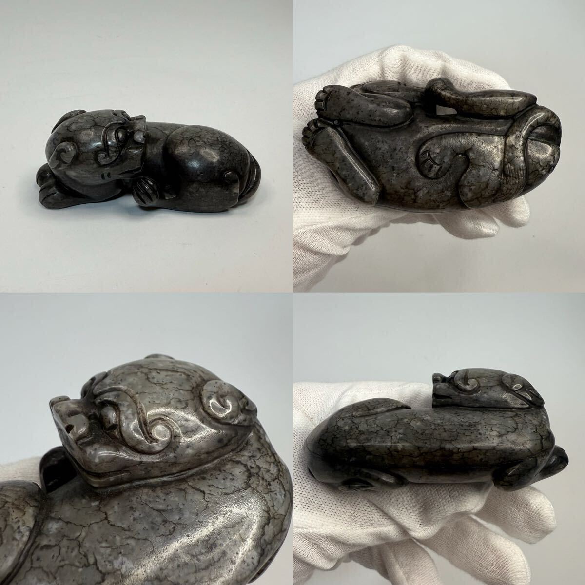 RR- 中国古玩 時代物 玉彫 獣型 置物 彫刻 石雕 文鎮 文房具 書道具 唐物 中国古玩 骨董品拍卖