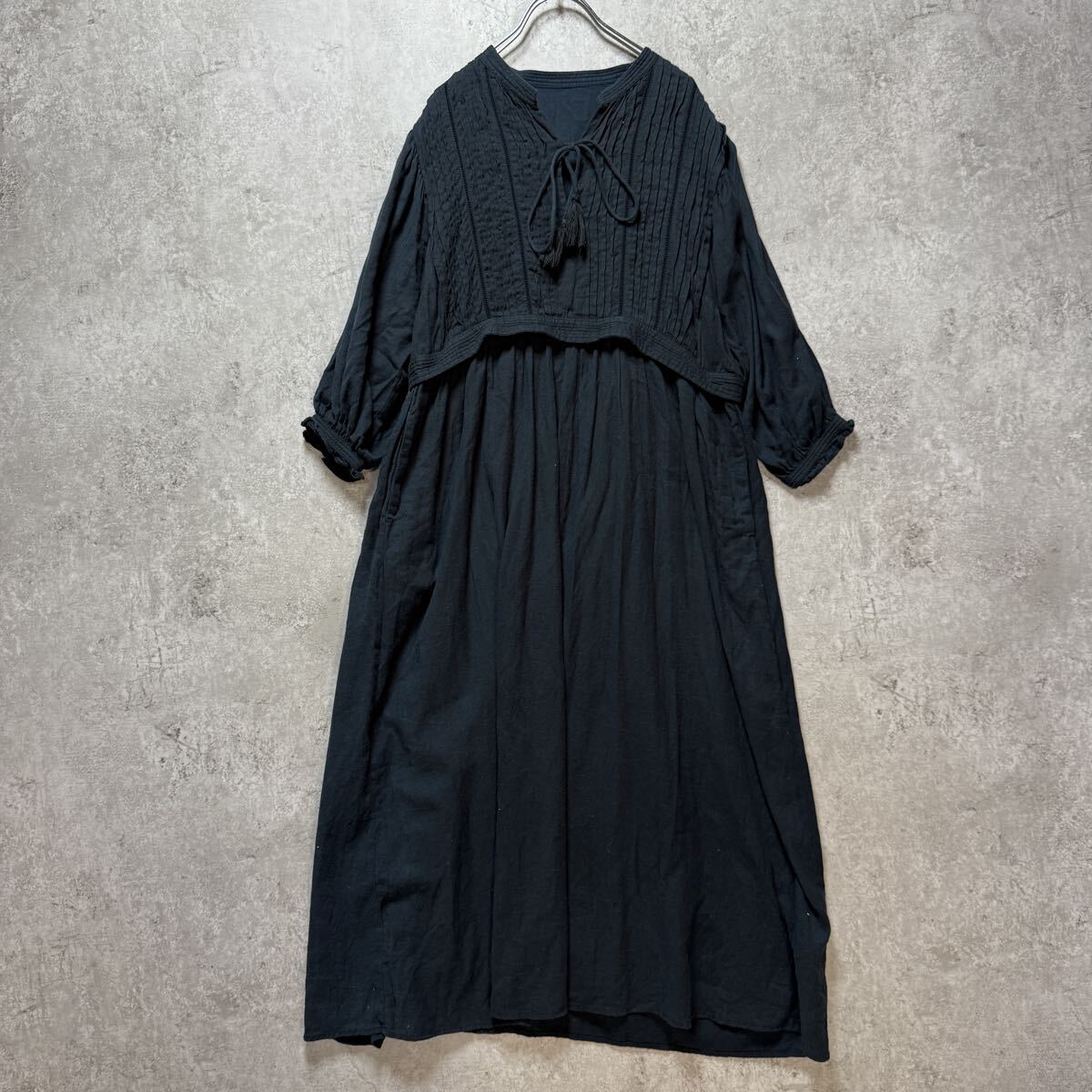 SHIPS any シップス ピンタック カフタン ワンピース ウォッシャブル ブラック 黒 フリーサイズ ロングワンピース ソフト生地拍卖