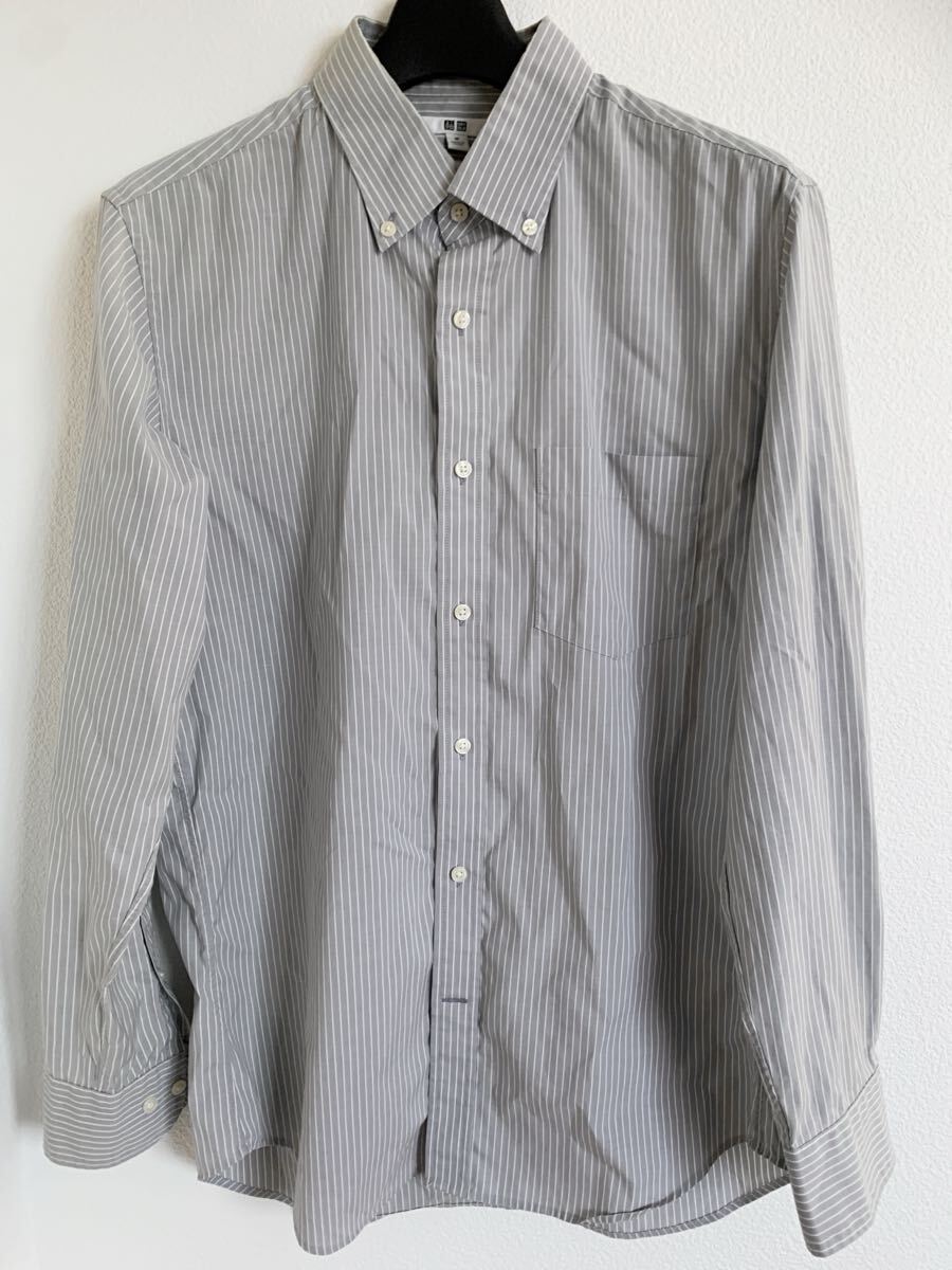 ◎送料無料【 UNIQLO 】SLIM FIT ボタンダウン 長袖 ストライプシャツ Mサイズ グレー ★ ユニクロ カジュアル ビジネス 色褪せ有 ジーユー拍卖
