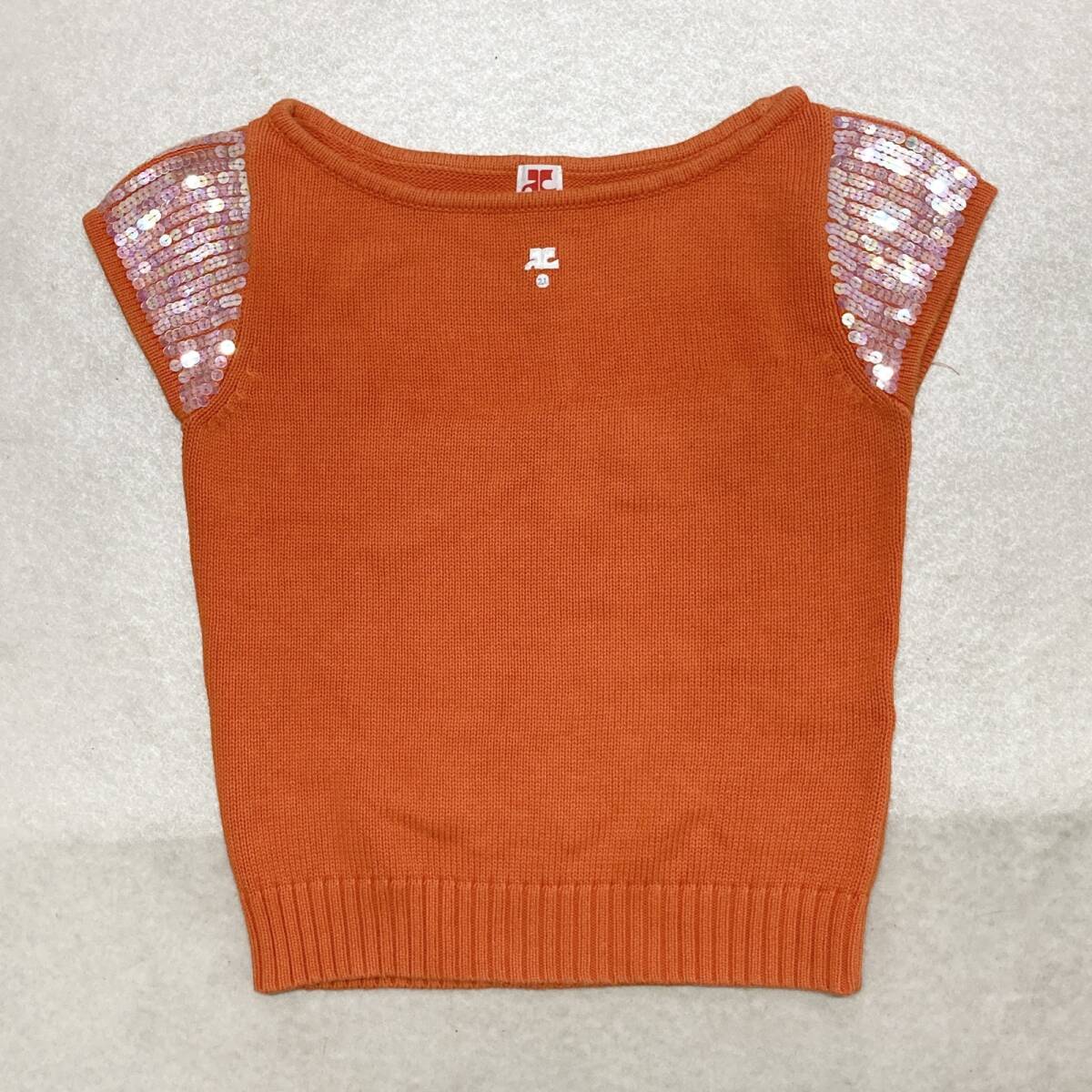 ● courreges21 クレージュ21 ニット セーター フレンチスリーブ スパンコール フロントロゴ オレンジ サイズ38 レディース 0.18kg拍卖