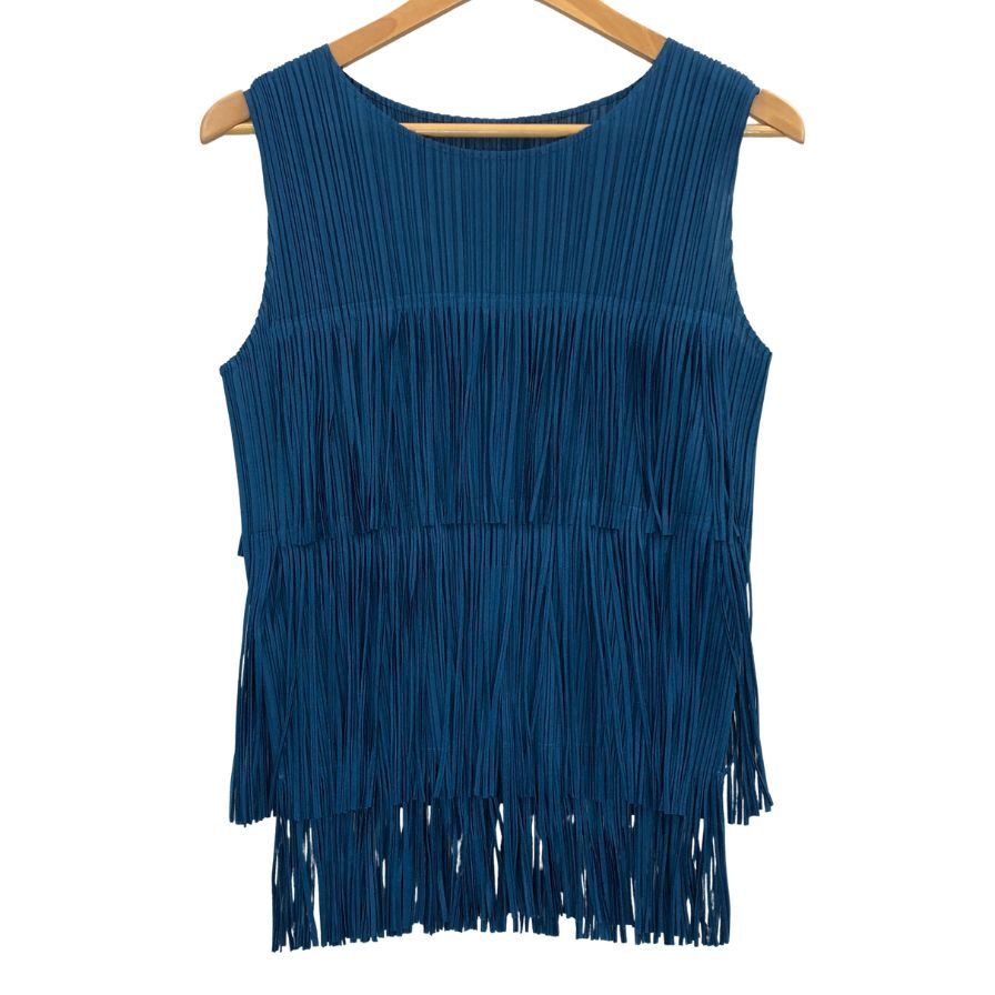極美品◆カットソー プリーツプリーズ ノースリーブカットソー フリンジ ブルー系 サイズ3 レディース PP71-JK791 【AFB45】拍卖