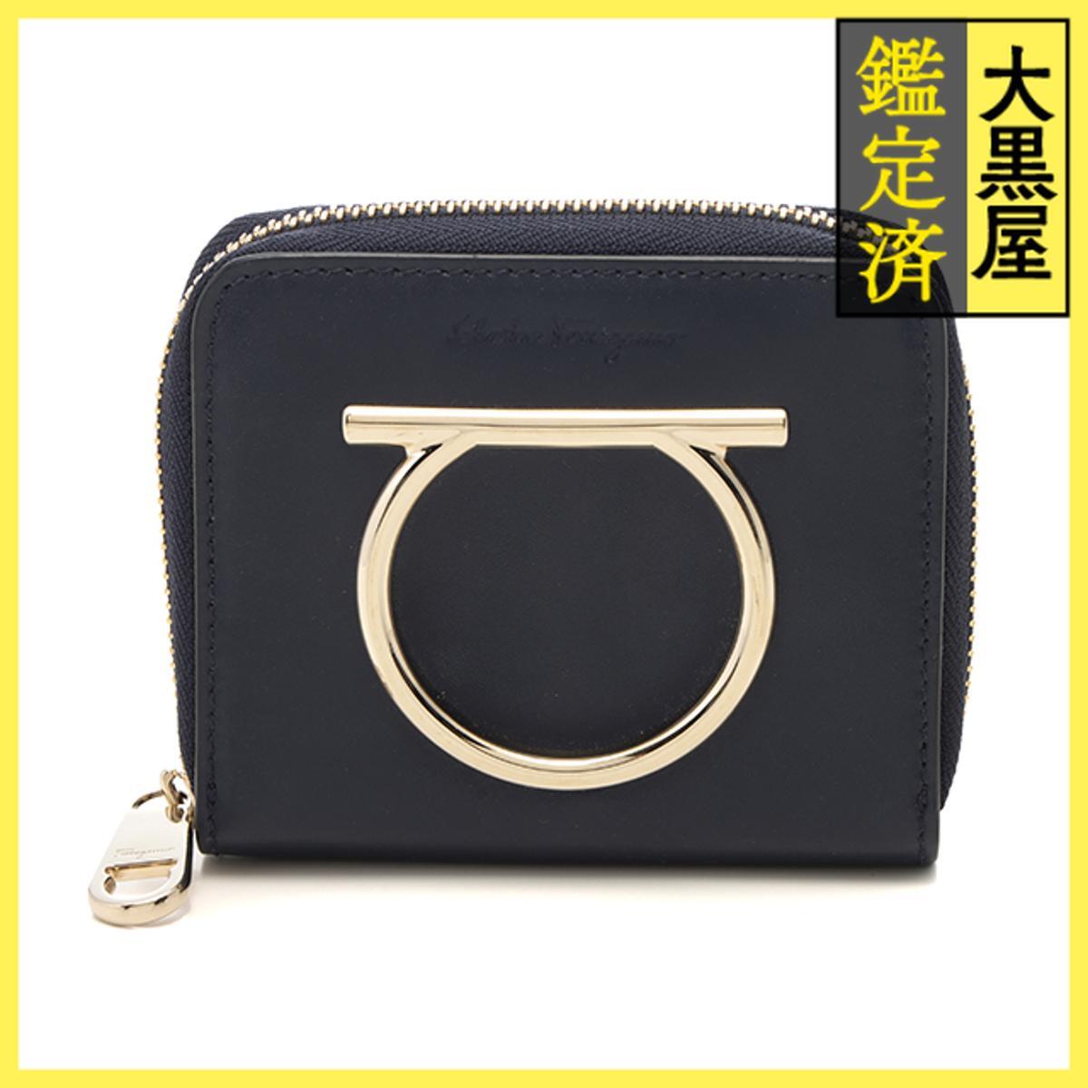 Ferragamo フェラガモ ガンチーニ コンパクトファスナー財布 ネイビー レザー拍卖