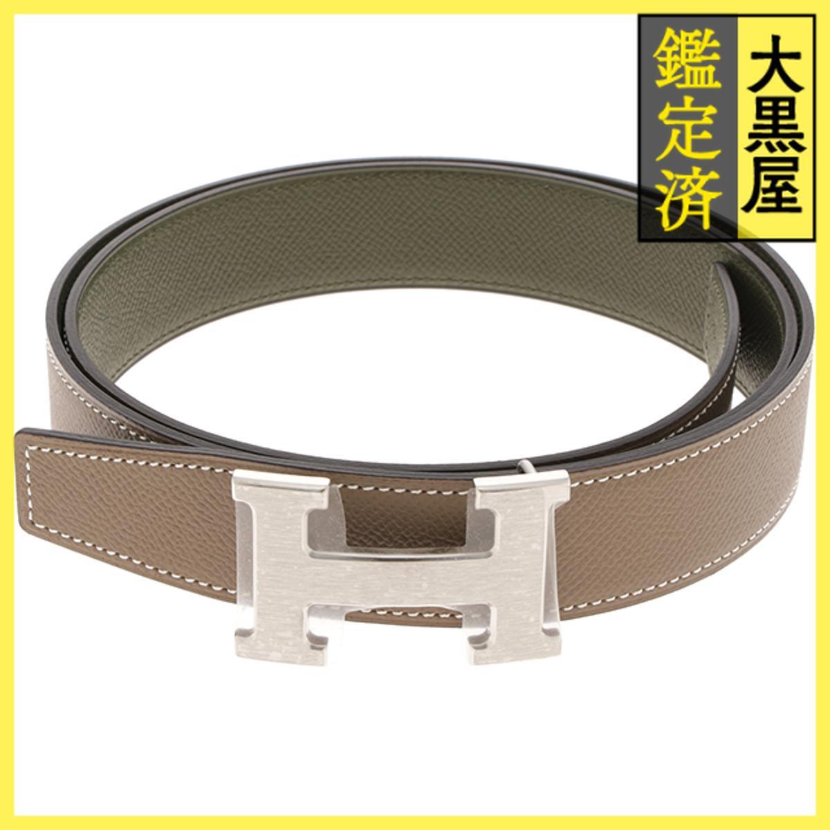 HERMES エルメス Hベルト32mm ヴォーエプソン エトゥープ/ヴェールヴェロネーズ シルバー金具 95cm K刻印 未使用品拍卖