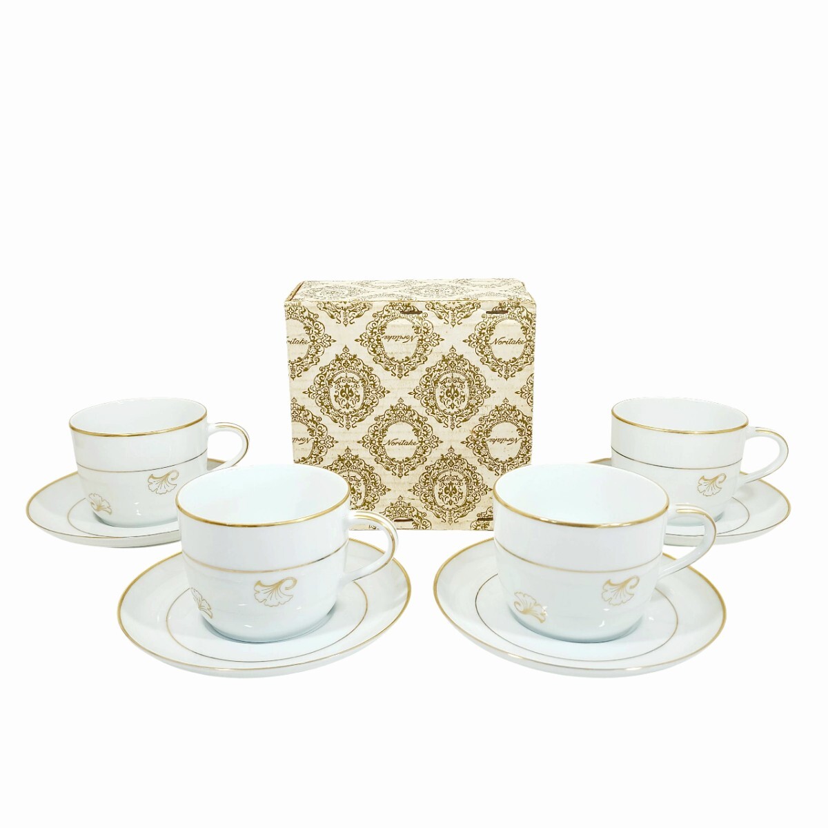 Ye2210LL Noritake ノリタケ コーヒーカップ&ソーサ 各4客 ティーカップ ケーキ皿 洋食器 白金 銀杏柄 食器拍卖
