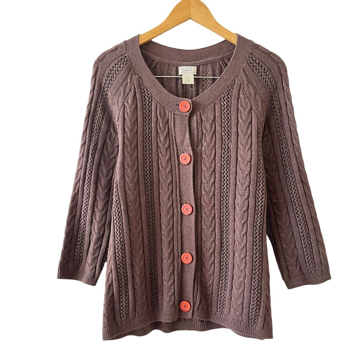 Ye2228cc L.L.Bean(エルエルビーン) カーディガン 長袖 ケーブル ニット サイズM ブラウン 茶色 270975 レディース拍卖