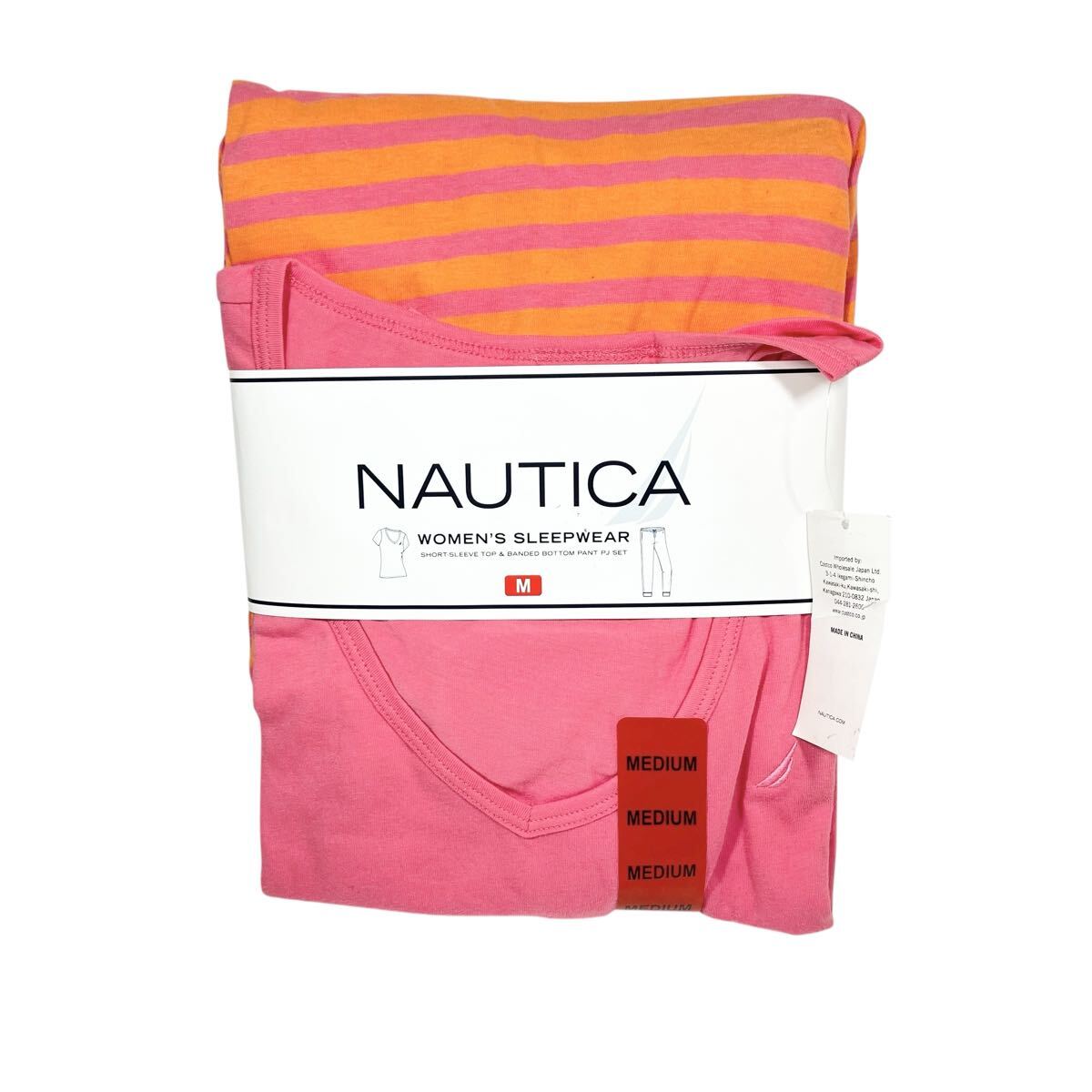 Ye2409cc 未使用◎NAUTICA スリープウェア サイズM レディース ボーダー ピンクxオレンジ パジャマ ノーティカ コストコ 半袖Tシャツ拍卖