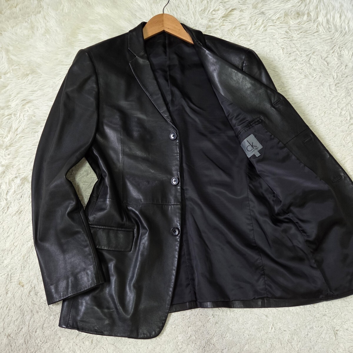 美品 カルバンクライン【トロトロ ラムレザー 希少サイズ L】CALVIN KLEIN レザージャケット テーラードジャケット 羊革 ブラック 黒拍卖