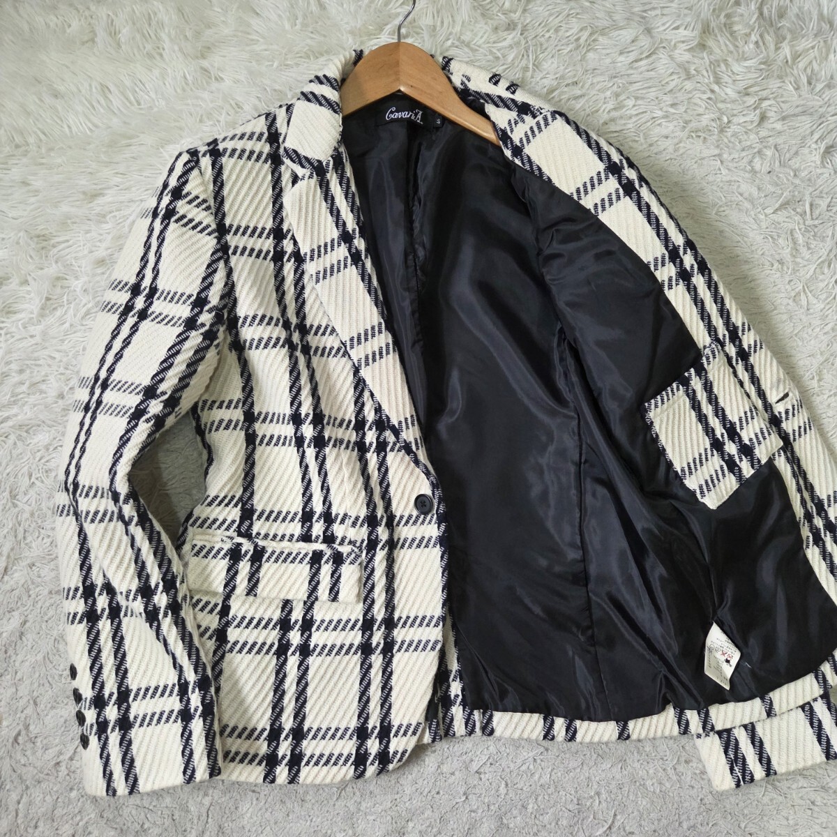 美品 キャバリア【アンゴラ コーデュロイ 斜め ストライプ メガチェック サイズ L】CavariA テーラードジャケット ホワイト ダークネイビー拍卖
