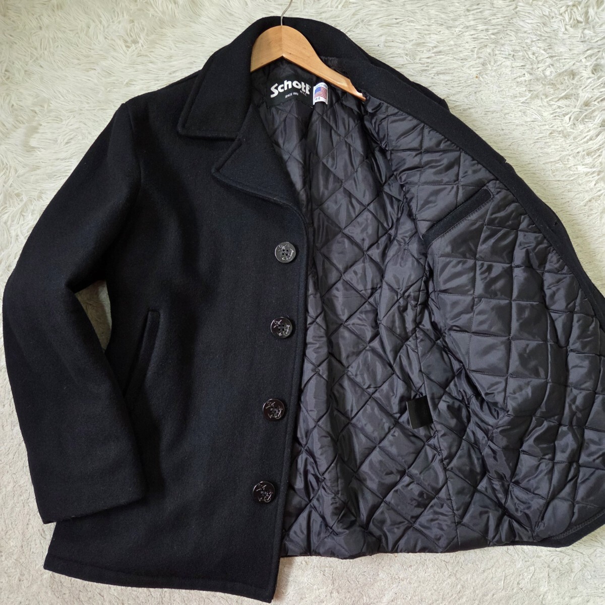 美品 ショット【超希少サイズ 44 2XL USA製 Pコート キルティング シングル】Schott ピーコート ジャケット コートダークネイビー イカリ 拍卖