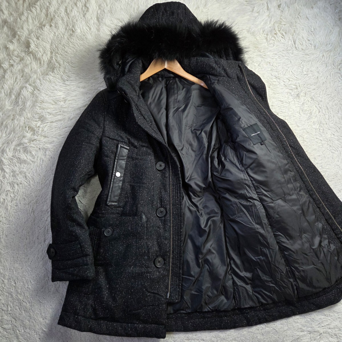 極美品 ジョセフ オム【3WAY フード ファー 着脱 希少サイズ48 L レザー パッチ ダウンジャケット】JOSEPH HOMME ダウンコート ジョゼフ拍卖