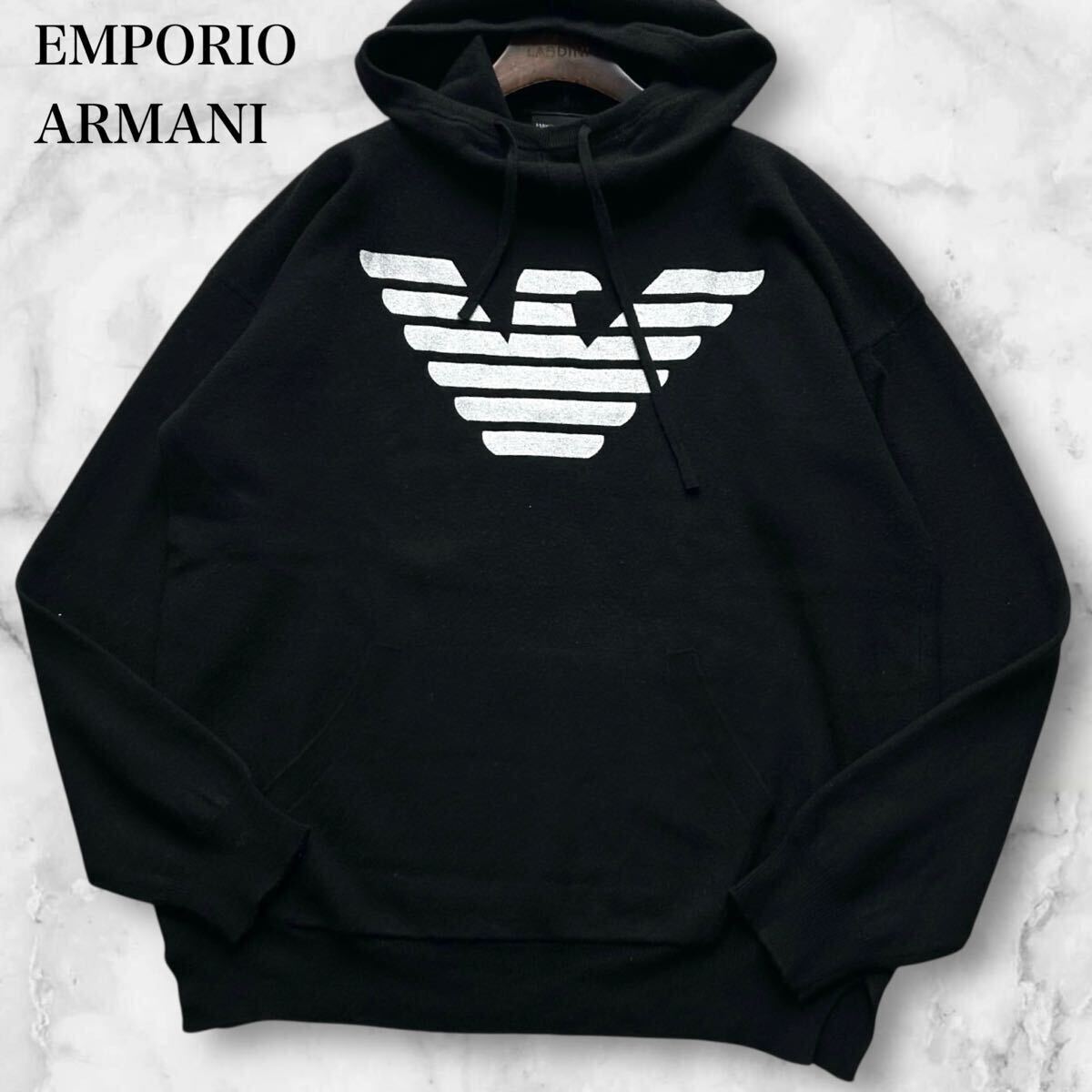 美品/XLサイズ●EMPORIO ARMANI エンポリオ アルマーニ イーグルロゴ プルオーバー ニット パーカー フーディー セーター ブラック 黒拍卖