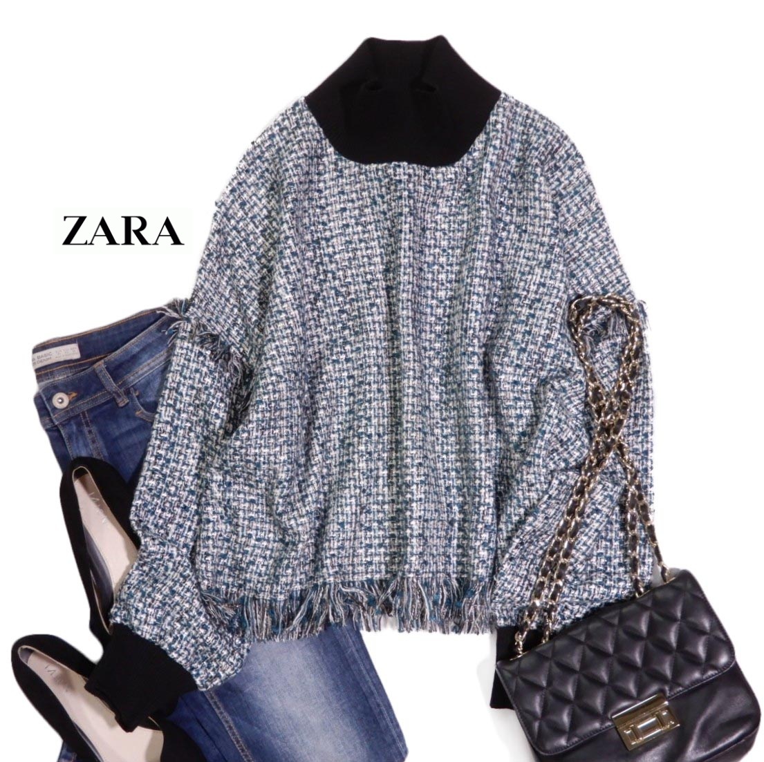 ザラ ZARA 大人素敵スタイル☆リブ切り替え ツイード フリンジ プルオーバー トップス M ゆったり拍卖
