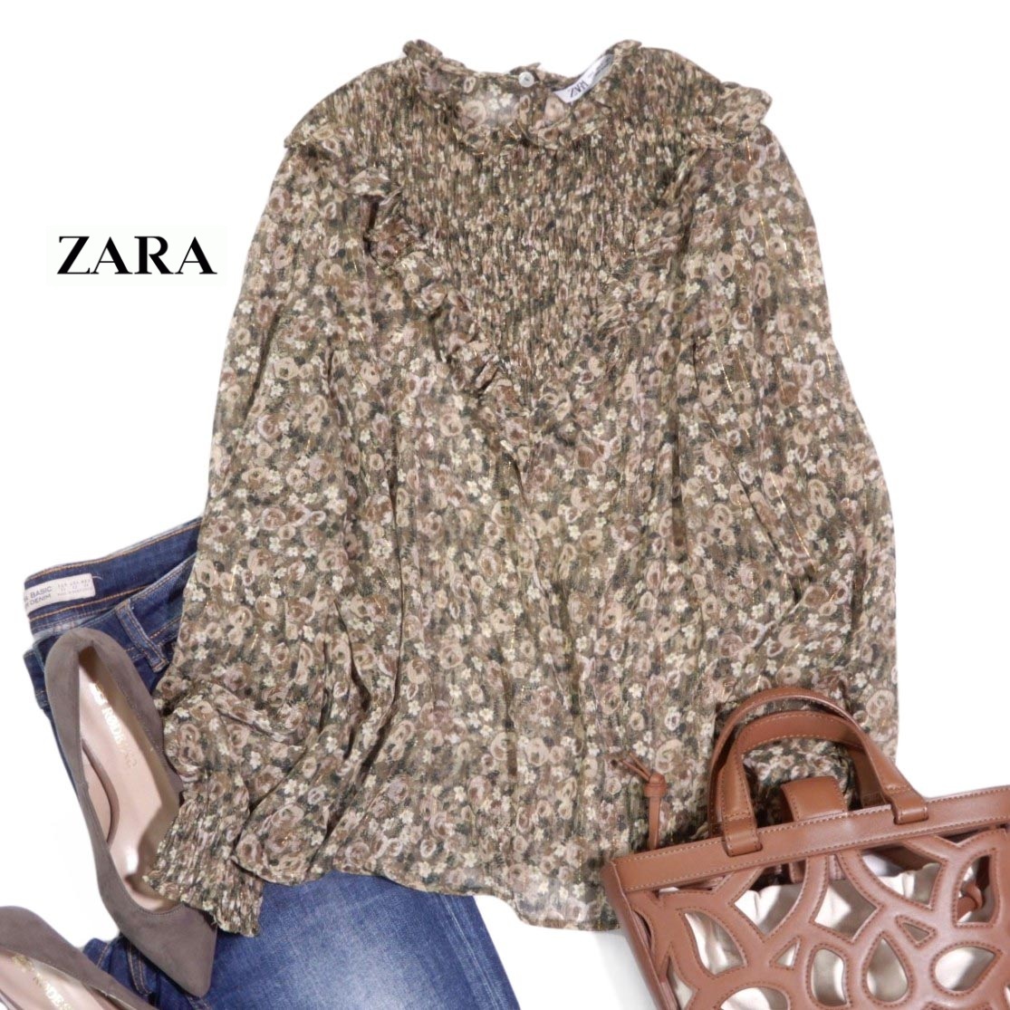 ザラ ZARA 大人素敵スタイル☆ラメストライプ シアー ギャザー ブラウス S拍卖