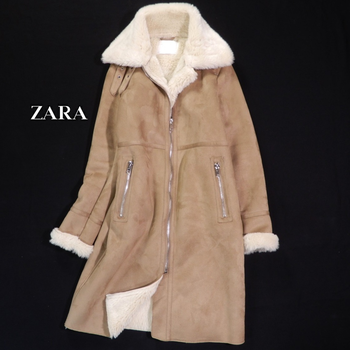 ザラ ZARA WOMAN 大人素敵スタイル☆ スエードタッチ 内ファー デザイン ムートンコート XS拍卖