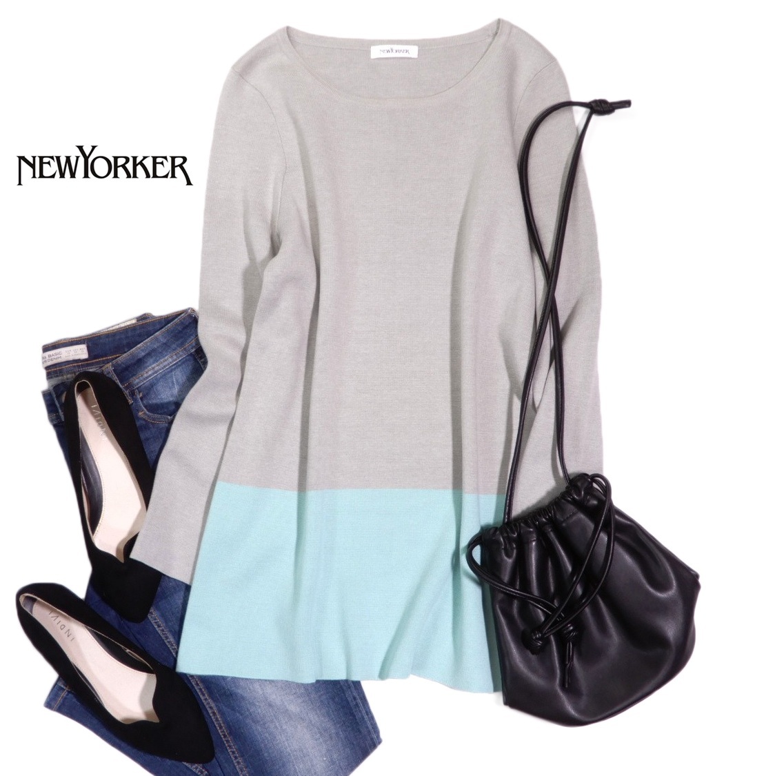 ニューヨーカー NEWYORKER キレイ色☆ミラノリブ バイカラー ニット チュニック M拍卖