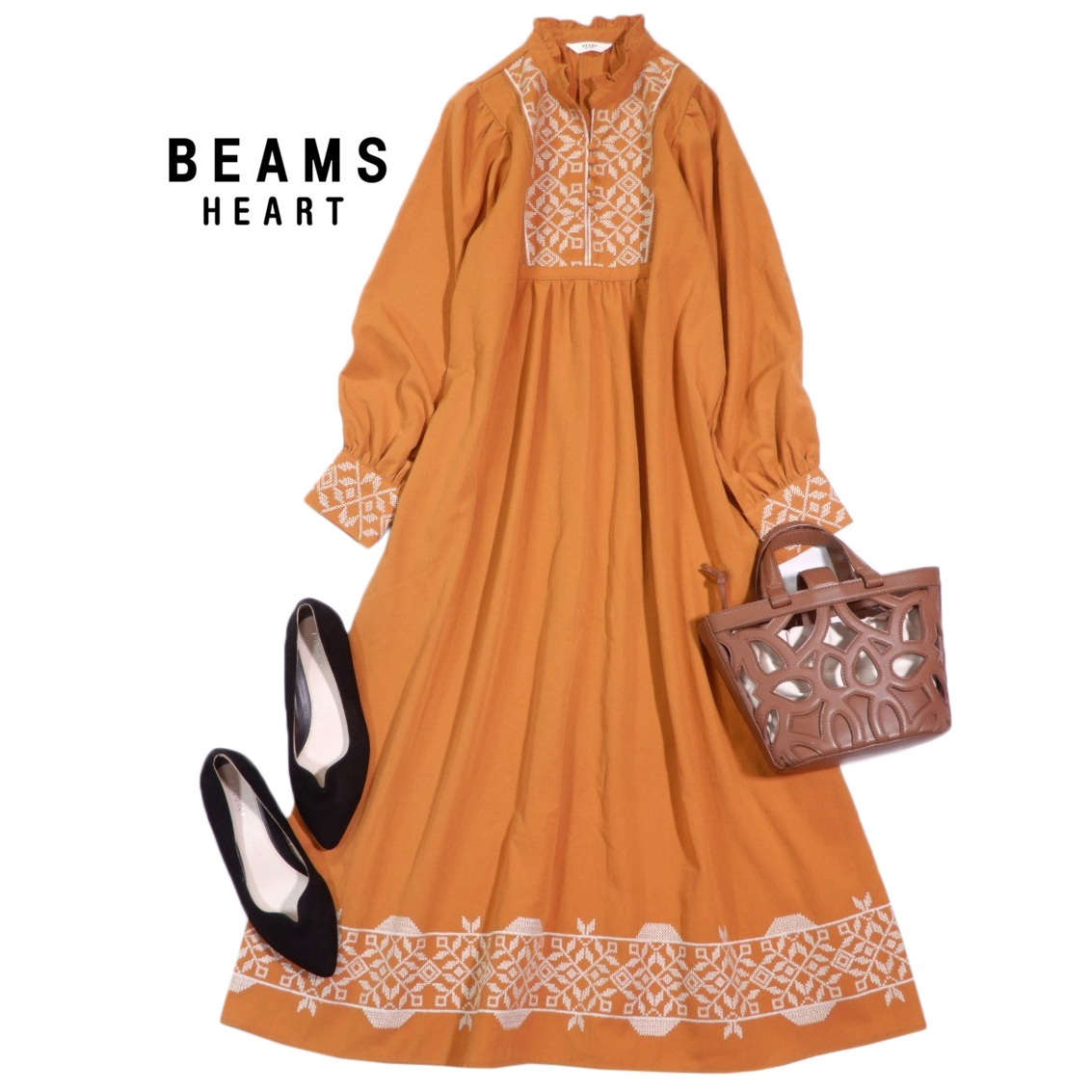 ビームス BEAMS HEART 大人可愛い☆ エンブロイダリー刺繍 梯子レース ギャザー ふっくら袖 デザイン Aライン ロング ワンピース 拍卖