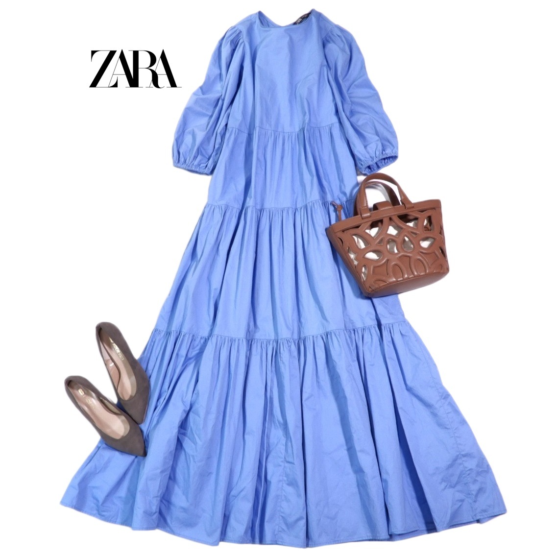 ザラ ZARA 大人可愛い☆ バックオープン ふっくら袖 Aライン フレア ティアード ワンピース XS拍卖