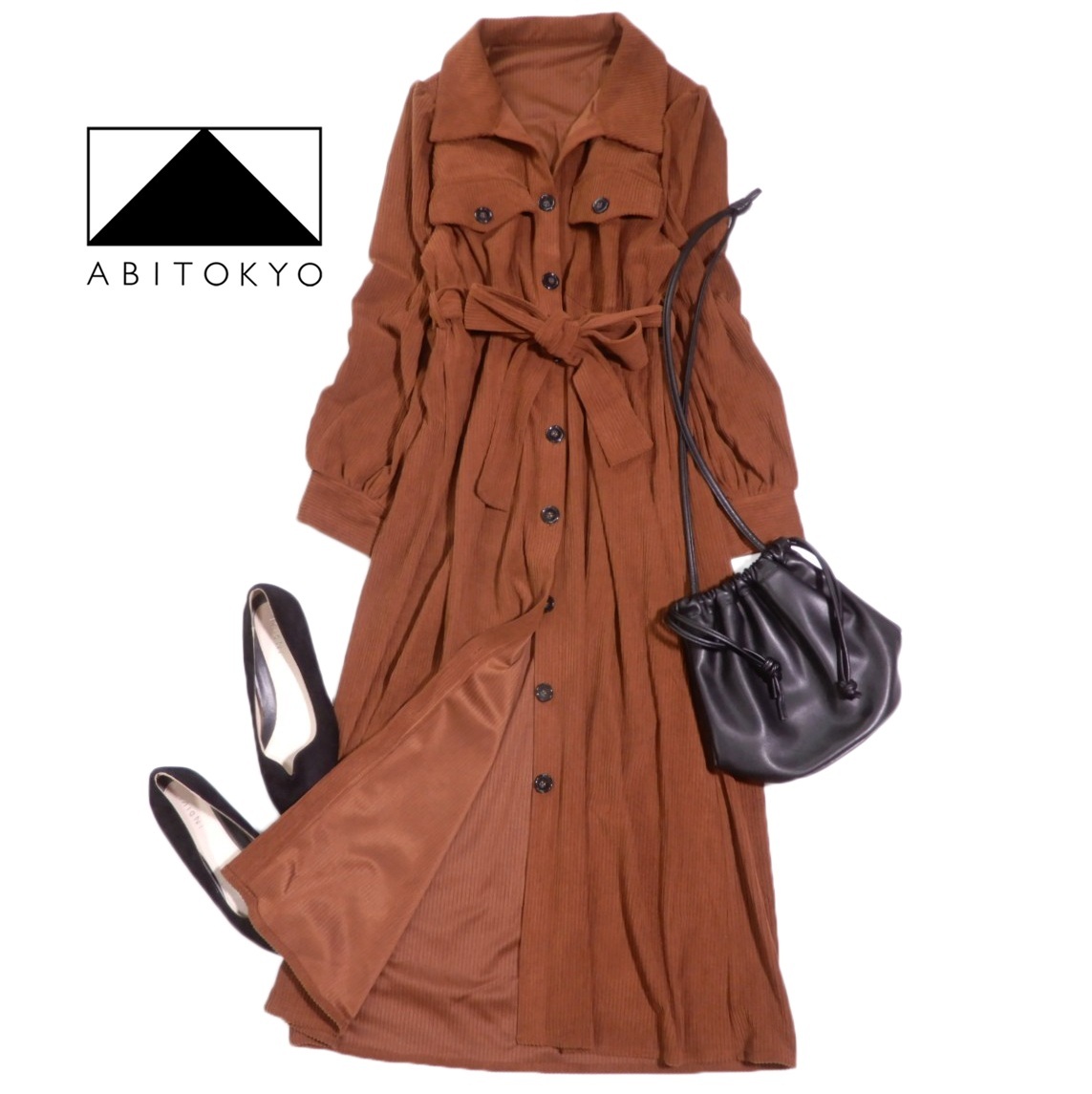 アビトーキョー ABITOKYO 大人可愛い☆ コーデュロイ ウエストマーク リボン ワンピース M拍卖