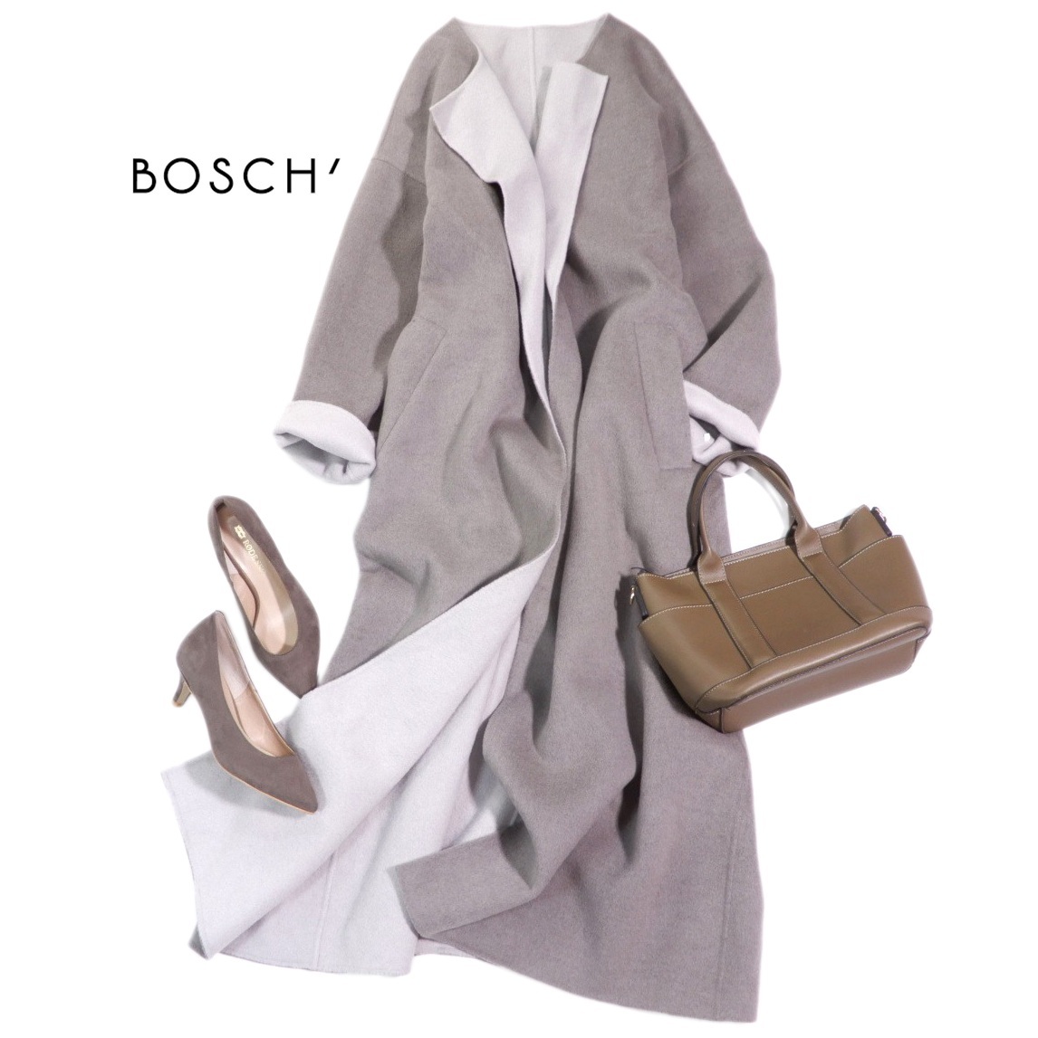 ボッシュ Bosch 大人素敵スタイル☆ ジロンラムウール バックデザイン バイカラーウールリバーコート 38拍卖