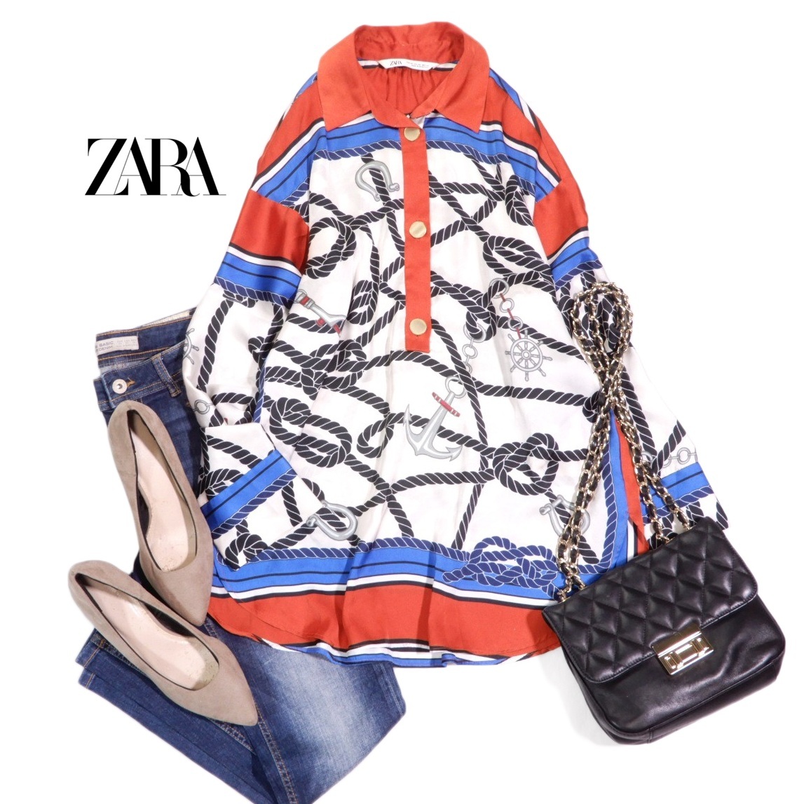 ザラ ZARA 大人素敵スタイル☆ 微光沢 とろみ スカーフ風総柄 マリン チェーン 綱 シャツ ブラウス XS拍卖