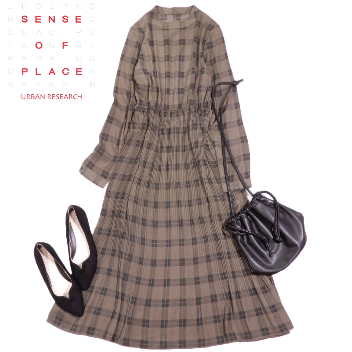 センスオブプレイス アーバンリサーチ sense of place 大人可愛い☆ 微光沢 チェック プリーツ切り替え ワンピース F拍卖