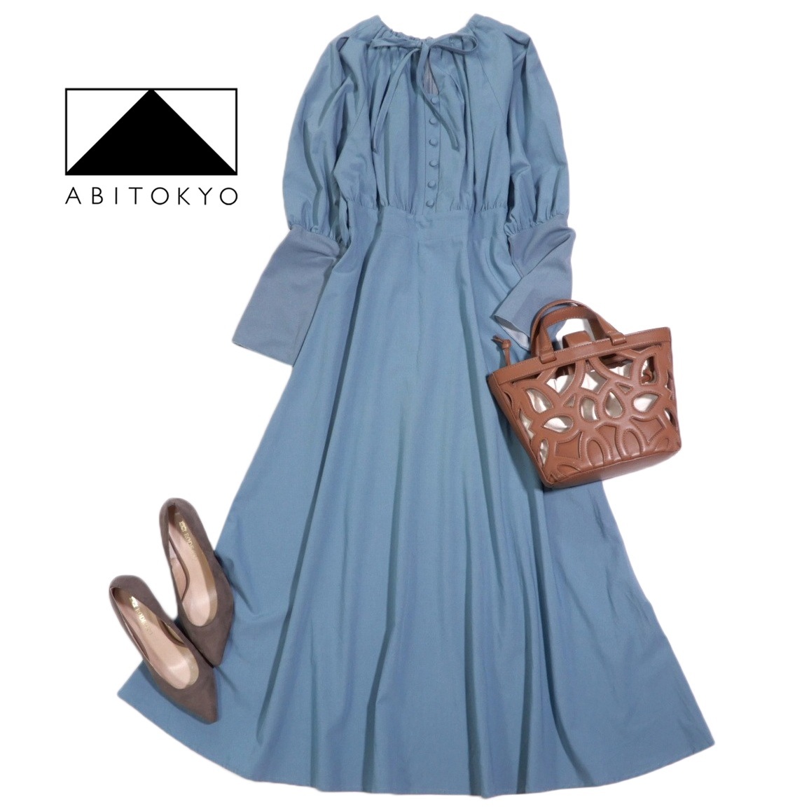 アビトーキョー ABITOKYO 大人可愛い☆ ウエスト切り替え ふっくら袖 ギャザー デザイン ロング ワンピース F拍卖
