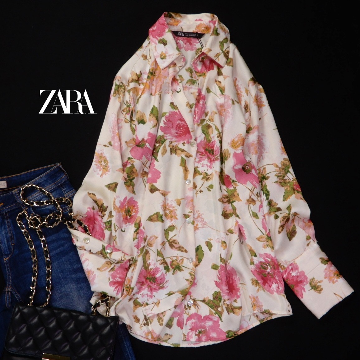 未使用 ザラ ZARA 華やかスタイル☆大ぶりフラワー 微光沢 とろみ オーバーサイズ ブラウス シャツ XS拍卖