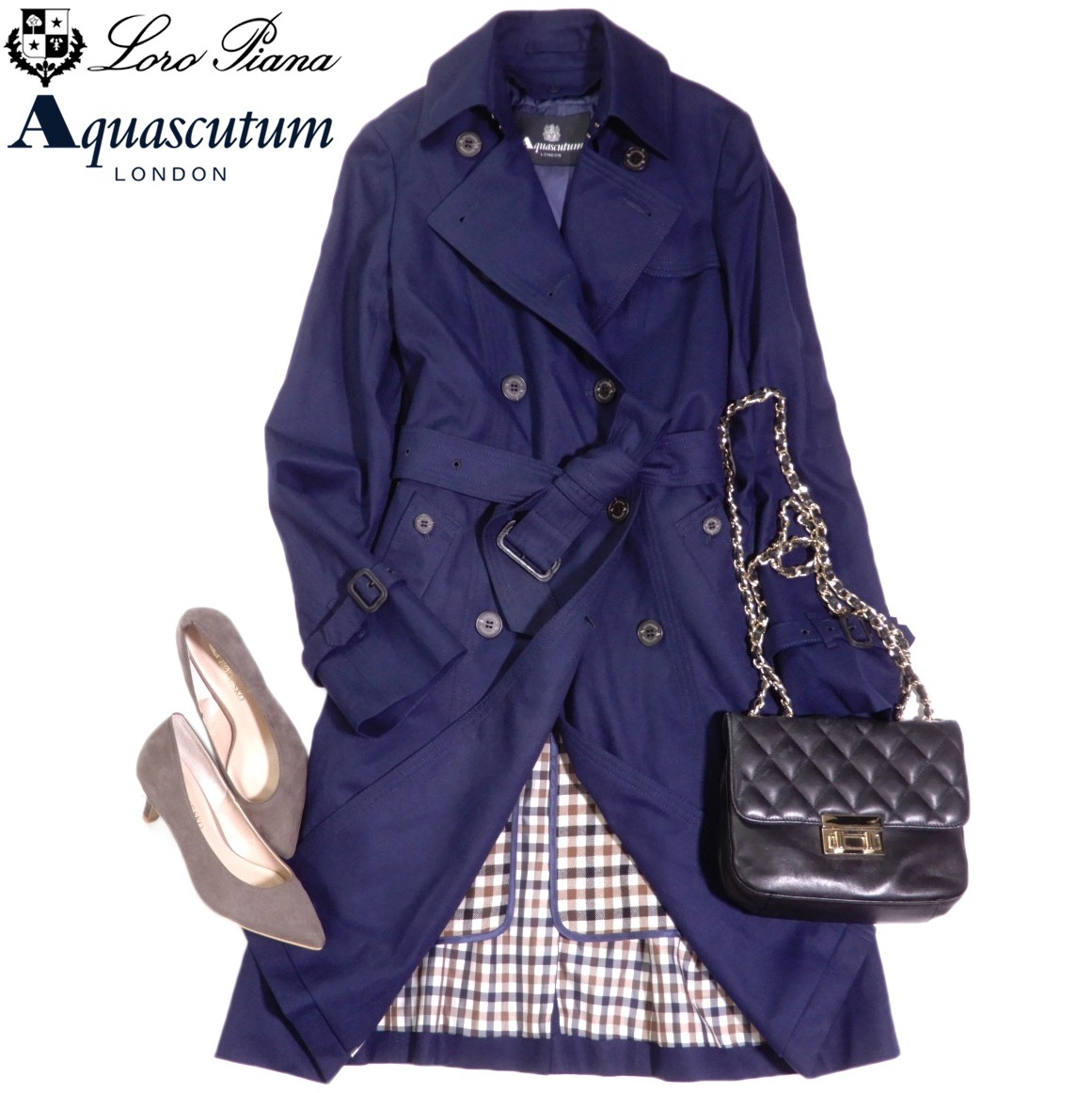 最高級 アクアスキュータム×ロロピアーナ Aquascutum Loro piana 大人素敵スタイル☆ ライナー付き トレンチコート 10拍卖