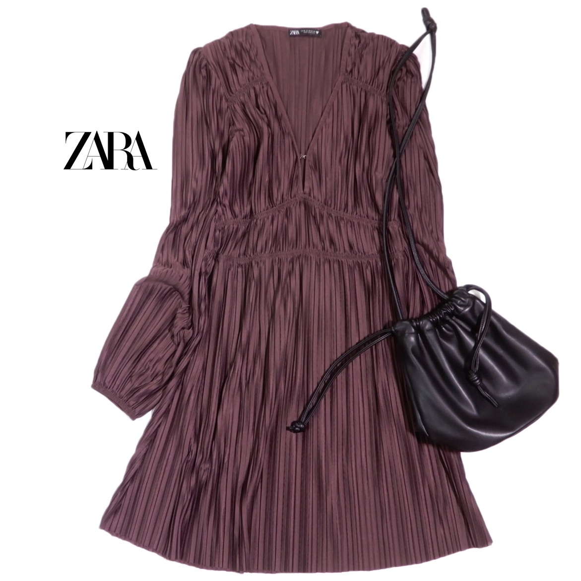 ザラ ZARA 大人素敵スタイル☆ 総プリーツ ざっくりVネック デザイン プルオーバー チュニック ワンピース M拍卖