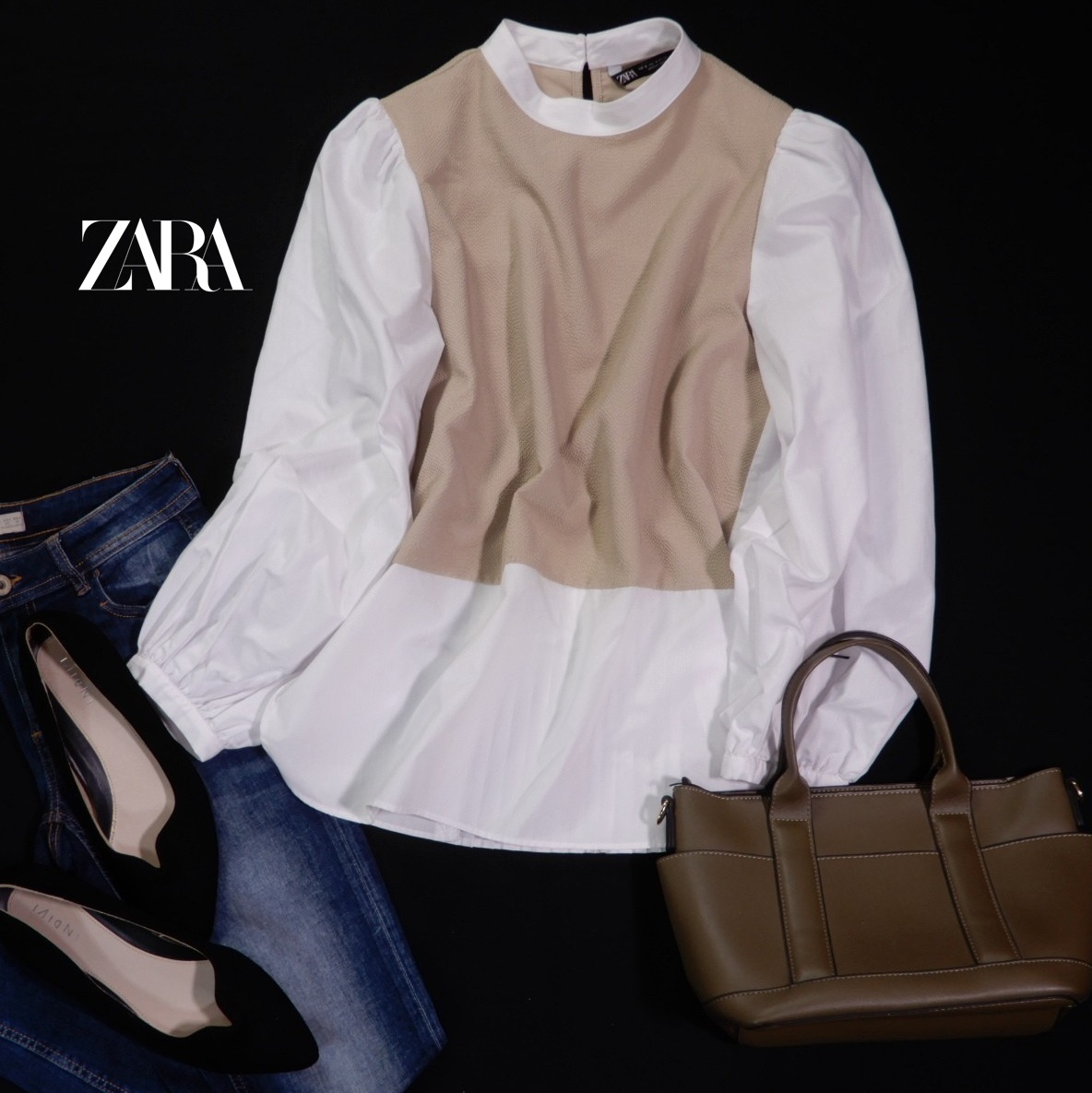 ザラ ZARA 大人可愛い☆ 異素材切り替え 異素材ドッキング バックプリーツデザイン プルオーバー ブラウス S拍卖