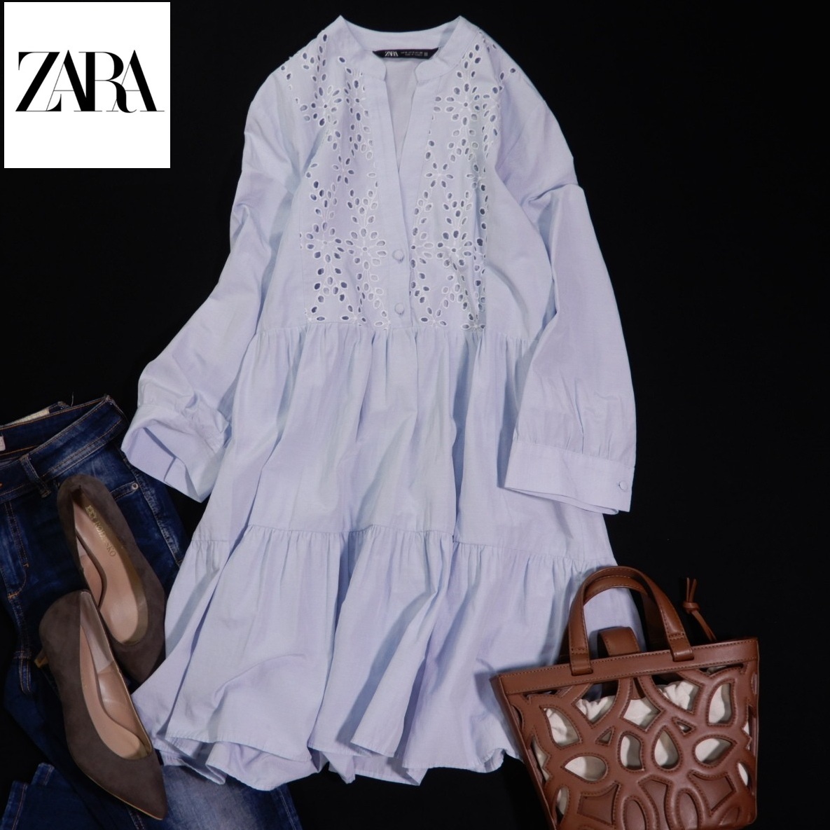 ザラ ZARA 大人可愛い☆カットワーク 刺しゅう スキッパー シャツ チュニック M拍卖