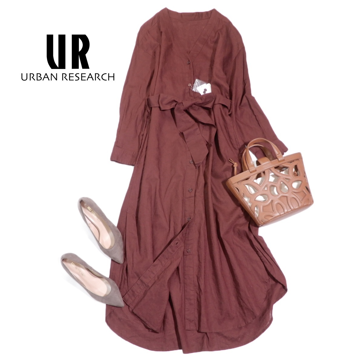 未使用 アーバンリサーチ URBAN RESEARCH 大人素敵スタイル☆ 麻 綿 リネン コットン ウエストマーク リボン ロング ワンピース 羽織 F拍卖