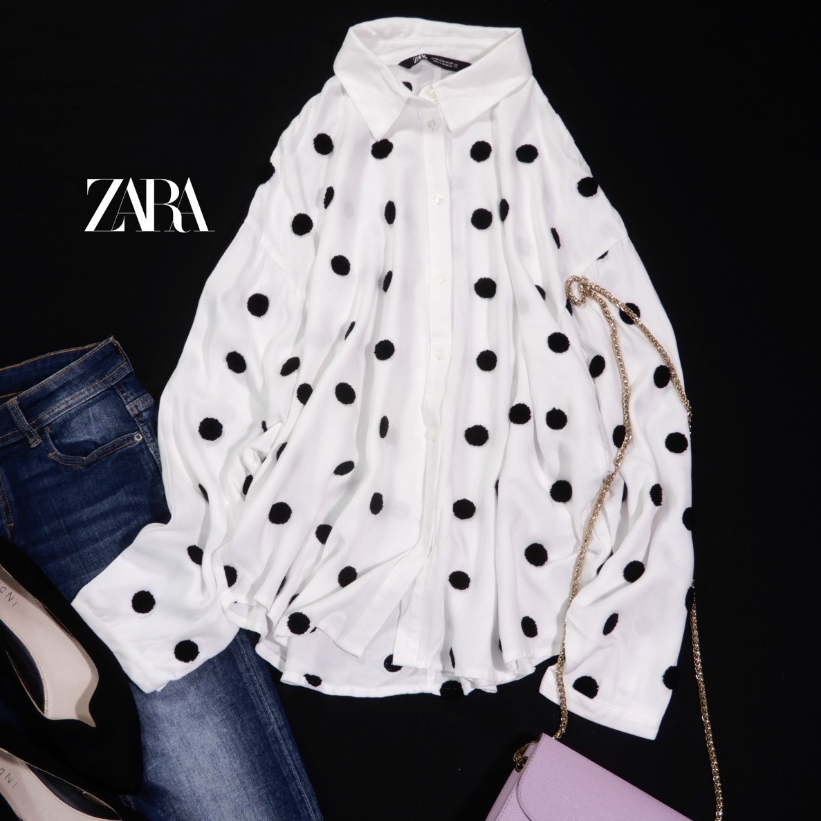 ザラ ZARA 大人可愛い☆ パイル立体ドット 水玉柄 デザイン シャツ ブラウス M拍卖