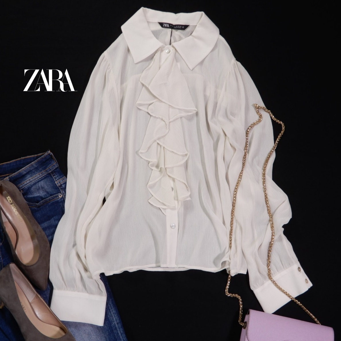 未使用 ザラ ZARA 大人素敵スタイル☆ラッフルフリル シアー とろみ ブラウス xs 拍卖