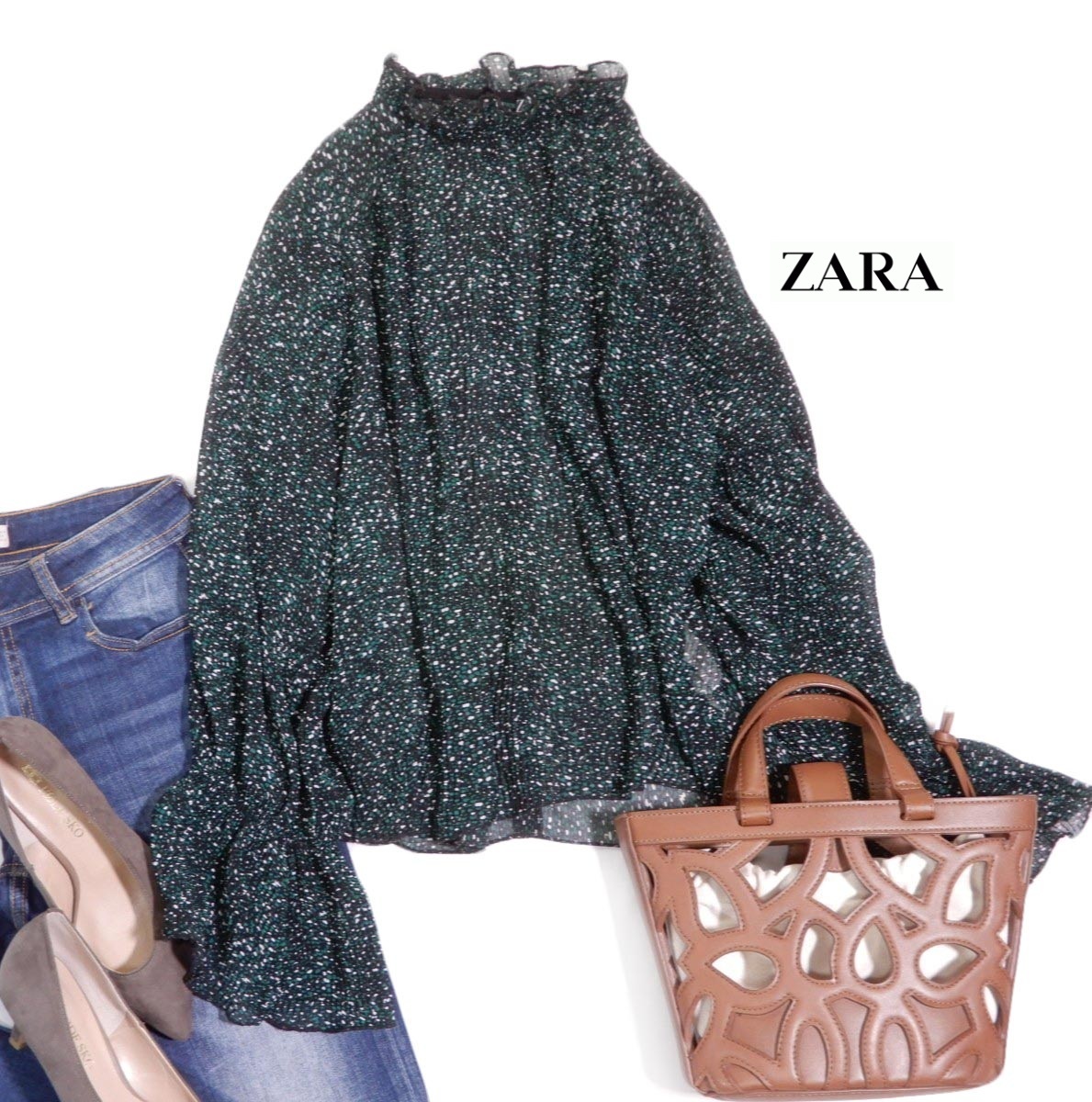 ザラ ZARA 大人素敵スタイル☆ギャザー衿 シアー 透け感 プリーツ ブラウス S 拍卖