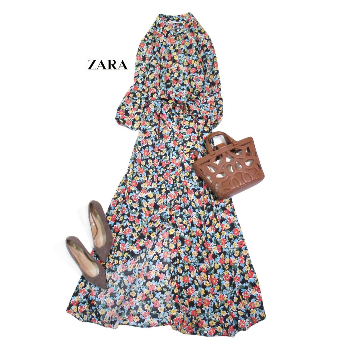 ザラ ZARA 大人可愛い☆ウエストリボン 花柄 フラワープリント ロング ワンピース L拍卖