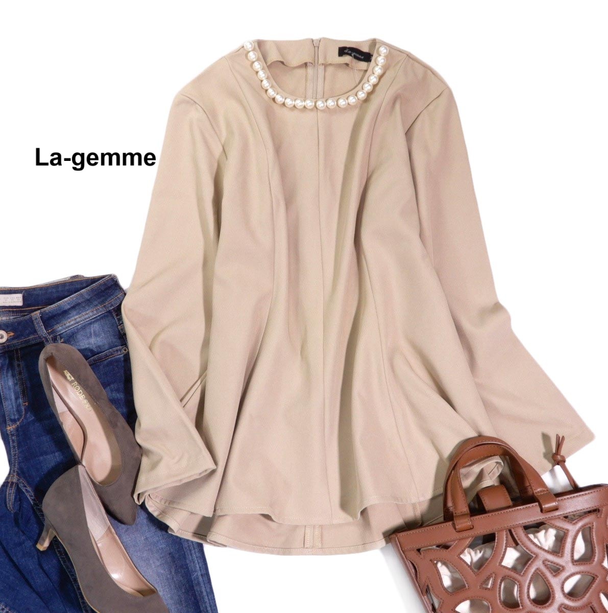 未使用 ラジエム La-gemme 高見え☆大粒 パール フレア トップス ブラウス M拍卖