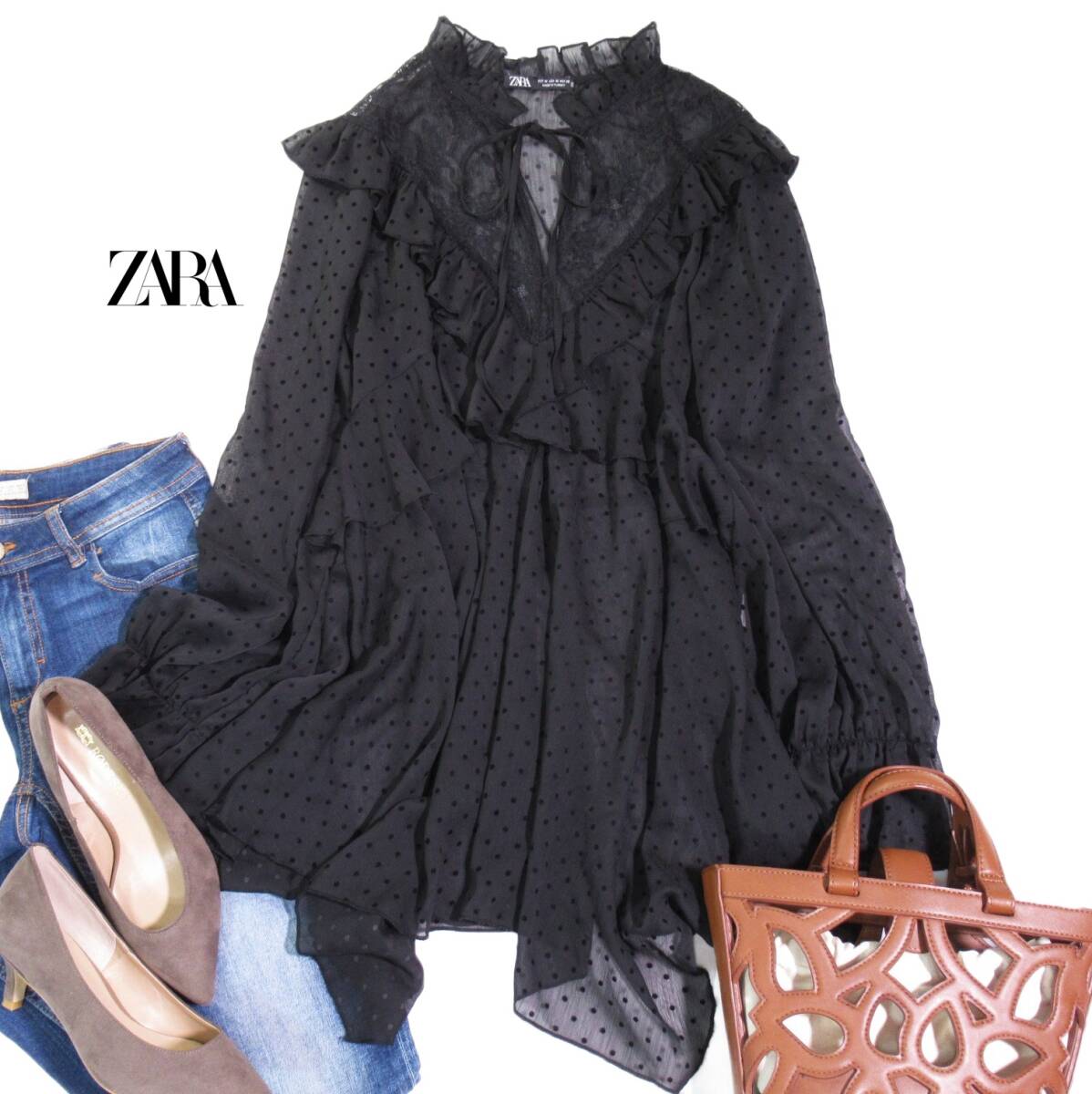 ザラ ZARA 大人可愛い☆シアー ドット フリル プルオーバー ブラウス M拍卖