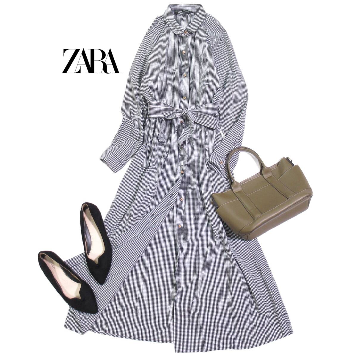 ザラ ZARA 大人可愛い☆ チェック ウエストマークリボン ロング シャツ ワンピース XS拍卖