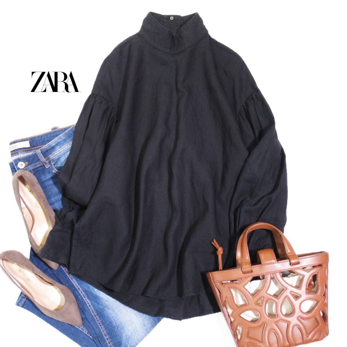 ザラ ZARA WOMAN 大人素敵スタイル☆ リネンタッチ ハイネック バックデザイン ふっくら袖 プルオーバー ブラウス XS拍卖