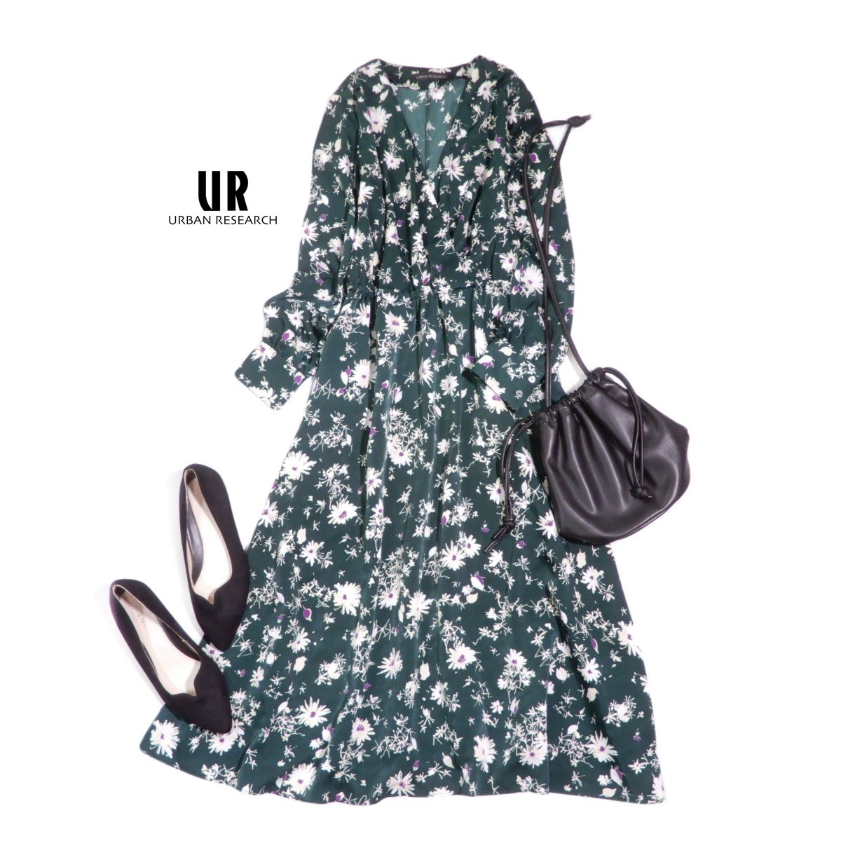 アーバンリサーチ URBAN RESEARCH 大人素敵スタイル☆フラワープリント カシュクール ウエストブラウジング ワンピース拍卖