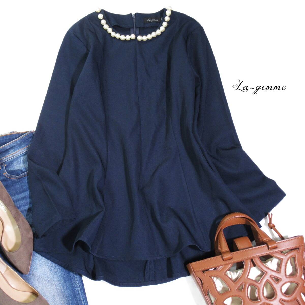 ラジエム La-gemme ルシェル 大人素敵スタイル☆大粒 パール フレア ブラウス トップス M拍卖